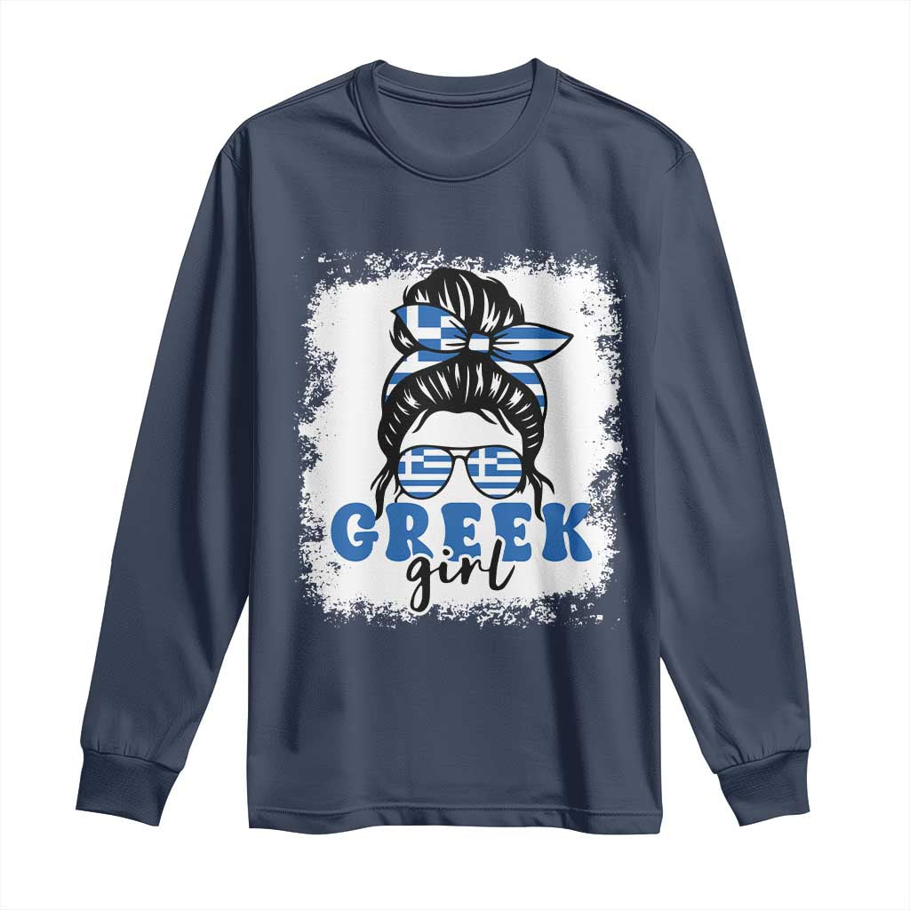 Greek Girl Pride Long Sleeve Shirt Proud Greece Messy Bun Girl TS09 Navy Print Your Wear