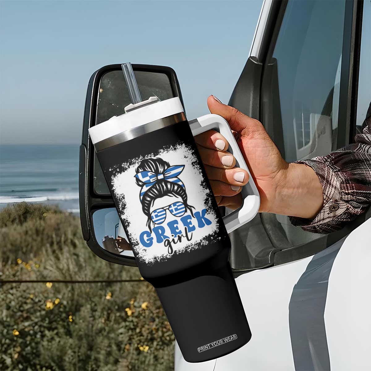 Greek Girl Pride Tumbler With Handle Proud Greece Messy Bun Girl TS09 Print Your Wear