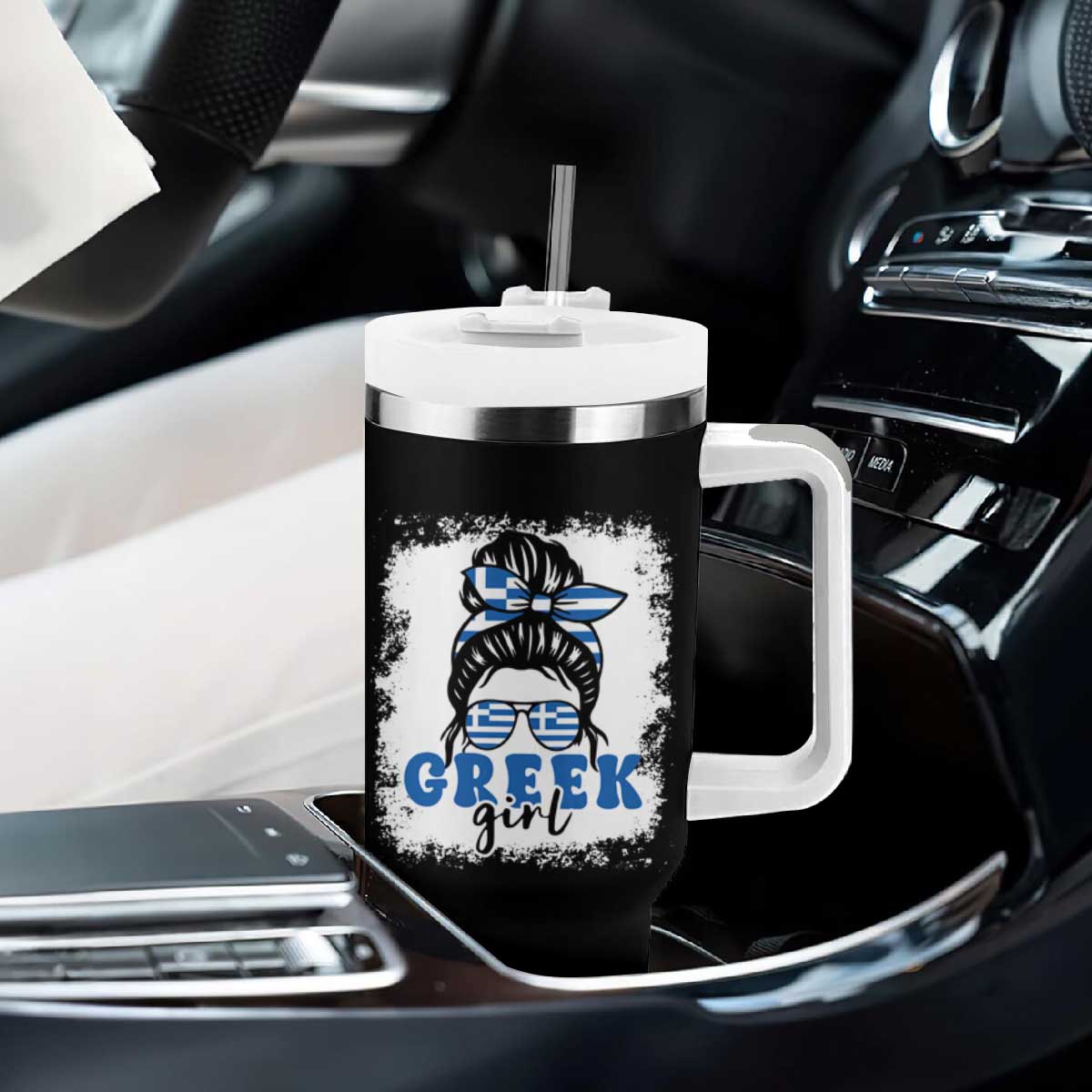 Greek Girl Pride Tumbler With Handle Proud Greece Messy Bun Girl TS09 Print Your Wear