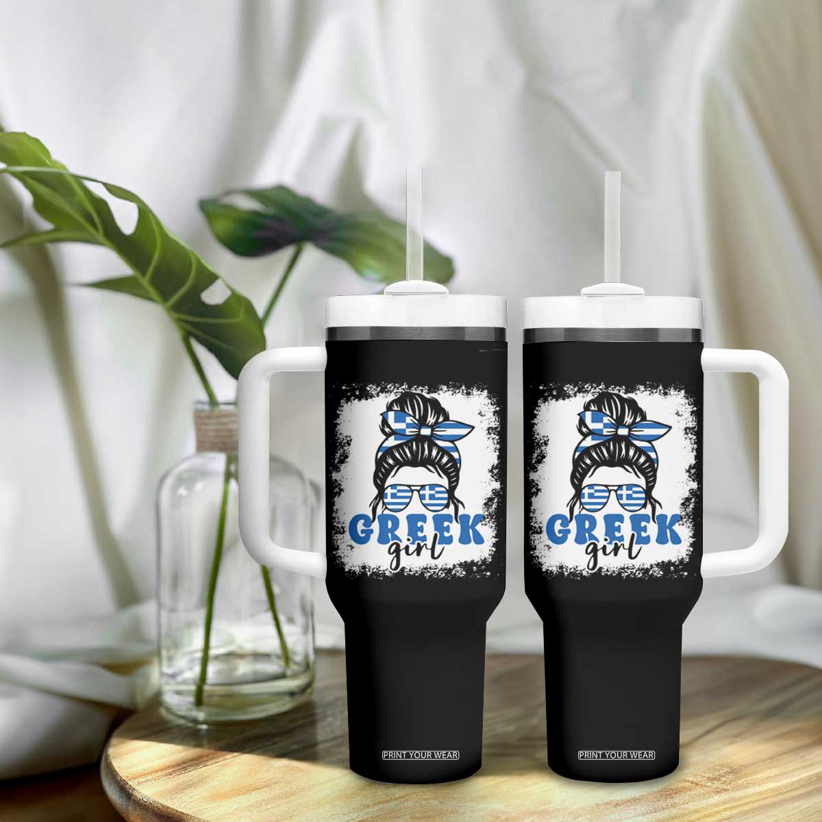 Greek Girl Pride Tumbler With Handle Proud Greece Messy Bun Girl TS09 Print Your Wear