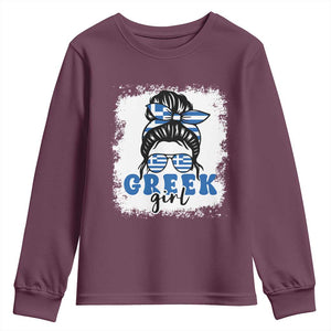 Greek Girl Pride Youth Sweatshirt Proud Greece Messy Bun Girl TS09 Maroon Print Your Wear