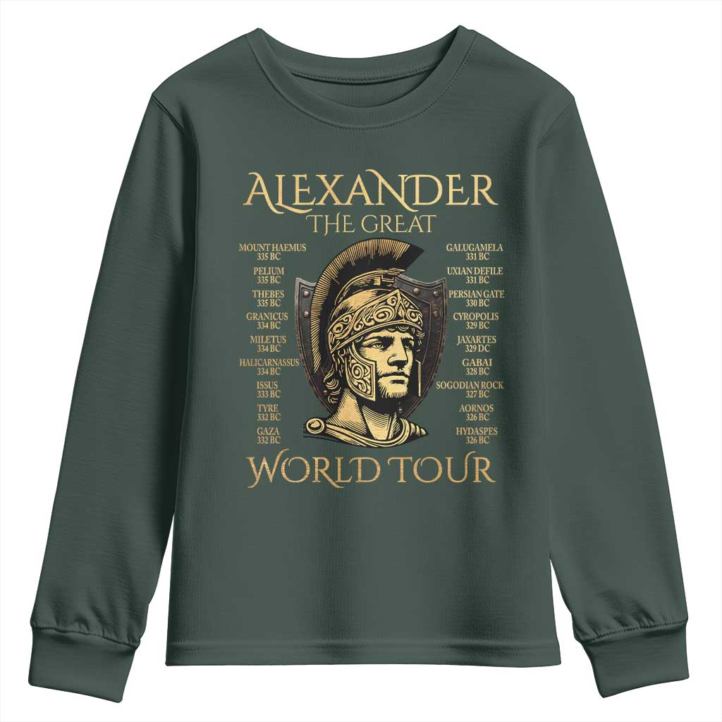 Funny Alexander The Great World Tour Youth Sweatshirt Ancient Greek History TS09 Dark Forest Green Print Your Wear