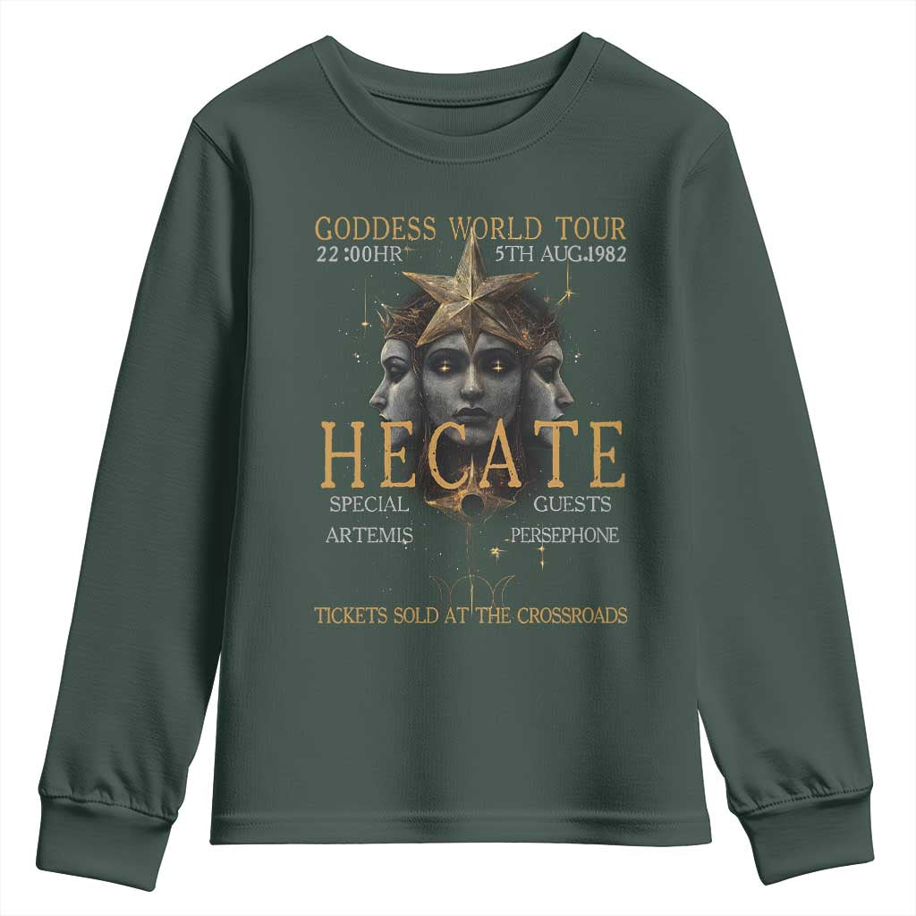 Greek Mythology Hecate Triple Goddess Youth Sweatshirt Goddess World Tour Persephone Artemis TS09 Dark Forest Green Print Your Wear