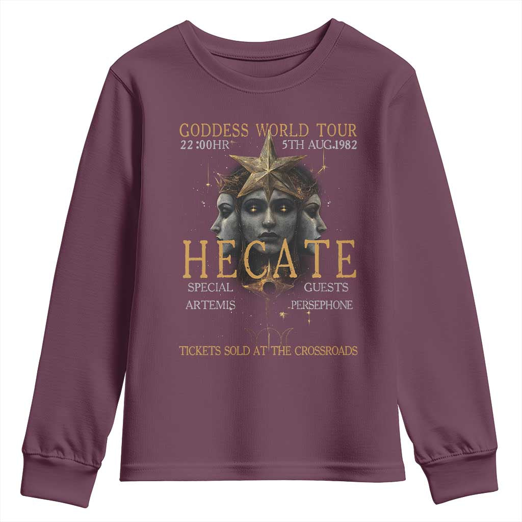 Greek Mythology Hecate Triple Goddess Youth Sweatshirt Goddess World Tour Persephone Artemis TS09 Maroon Print Your Wear