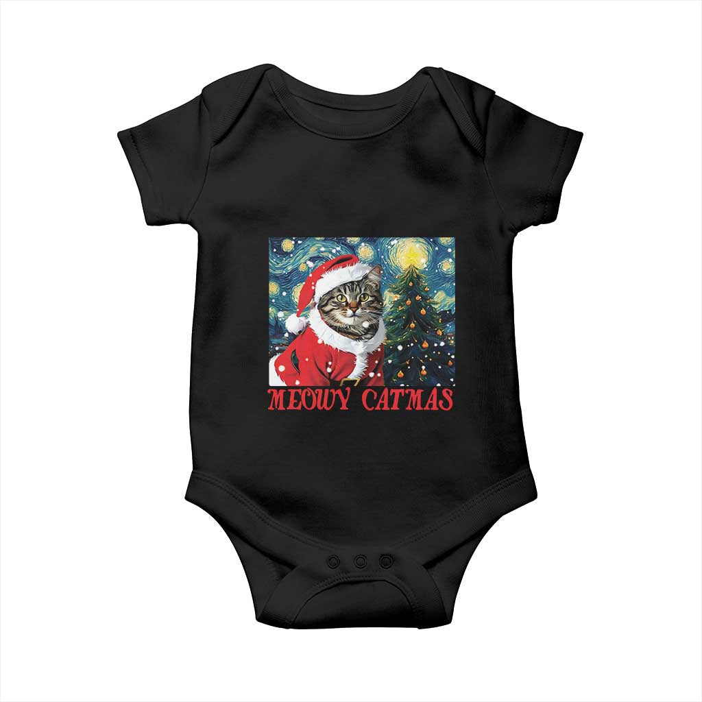 Santa Cat Christmas Baby Onesie Meowy Catmas Starry Night Christmas Tree TS09 Black Print Your Wear