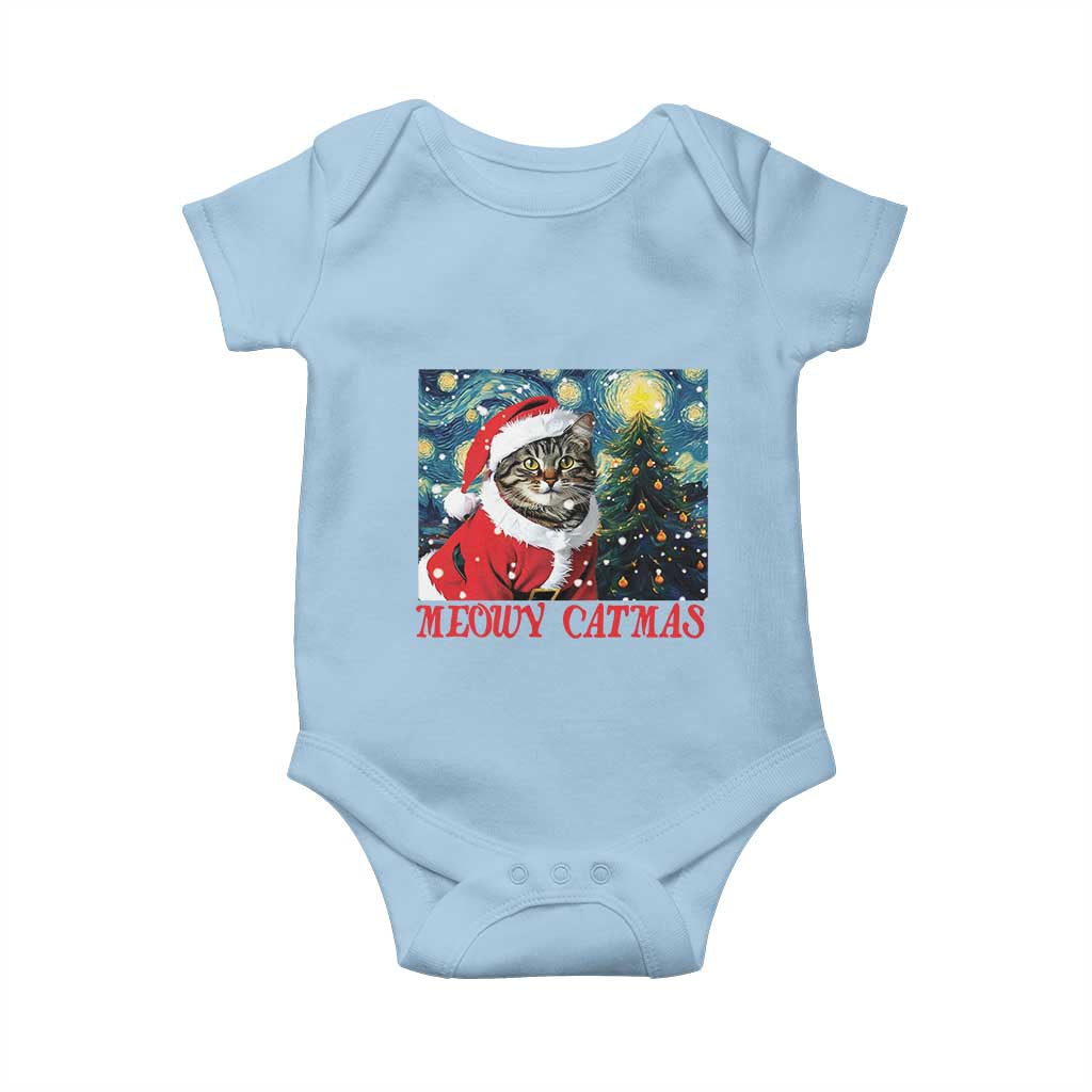 Santa Cat Christmas Baby Onesie Meowy Catmas Starry Night Christmas Tree TS09 Light Blue Print Your Wear