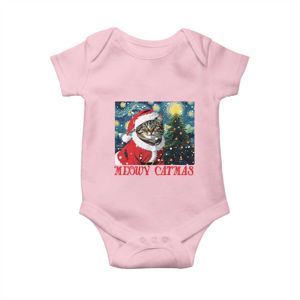 Santa Cat Christmas Baby Onesie Meowy Catmas Starry Night Christmas Tree TS09 Light Pink Print Your Wear