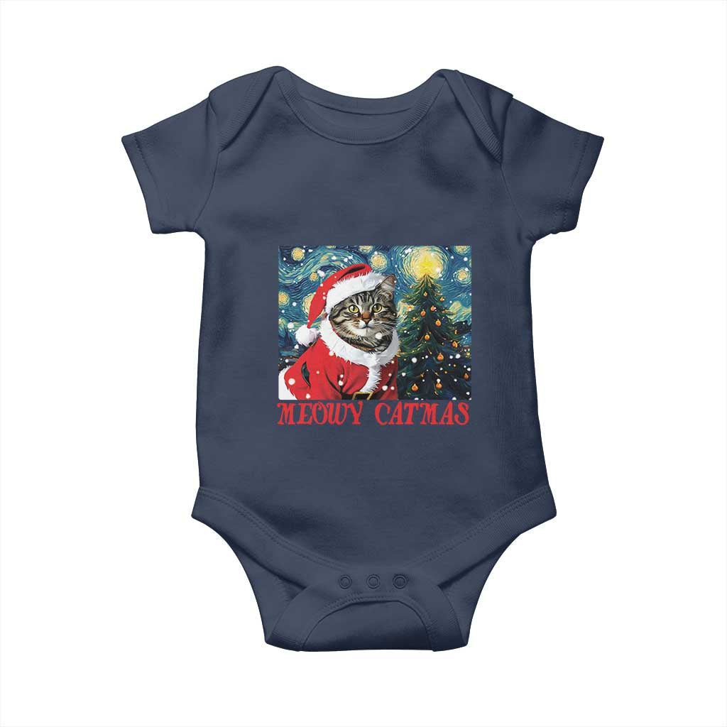 Santa Cat Christmas Baby Onesie Meowy Catmas Starry Night Christmas Tree TS09 Navy Print Your Wear