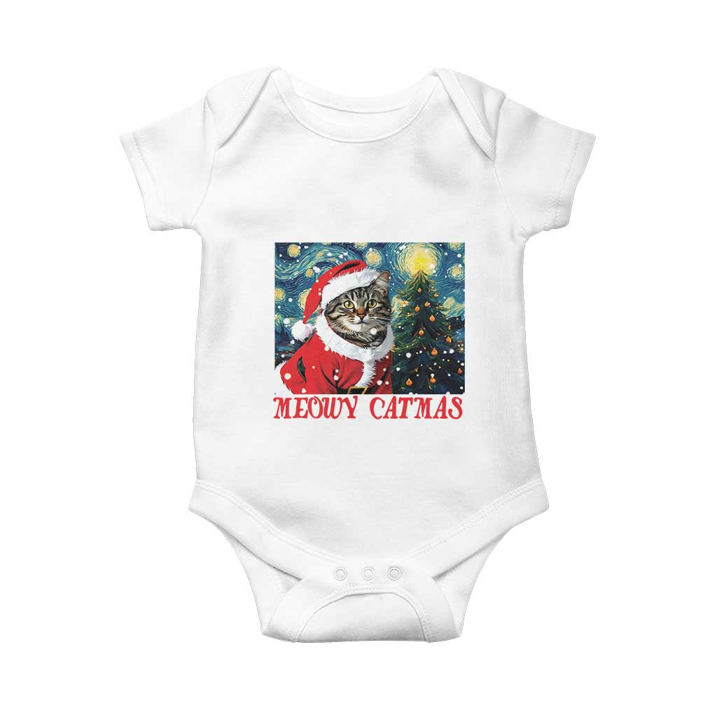 Santa Cat Christmas Baby Onesie Meowy Catmas Starry Night Christmas Tree TS09 White Print Your Wear