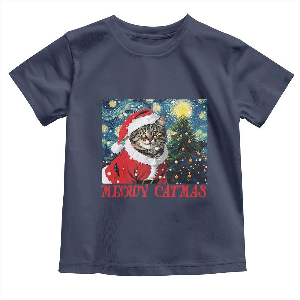 Santa Cat Christmas Baby Shirt Meowy Catmas Starry Night Christmas Tree TS09 Navy Print Your Wear