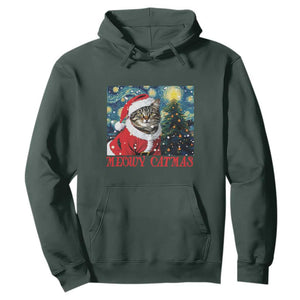 Santa Cat Christmas Hoodie Meowy Catmas Starry Night Christmas Tree TS09 Dark Forest Green Print Your Wear