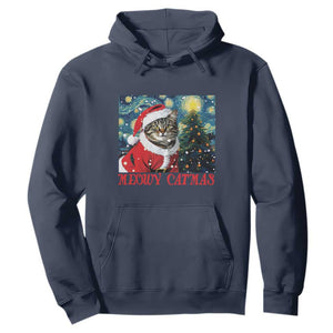 Santa Cat Christmas Hoodie Meowy Catmas Starry Night Christmas Tree TS09 Navy Print Your Wear