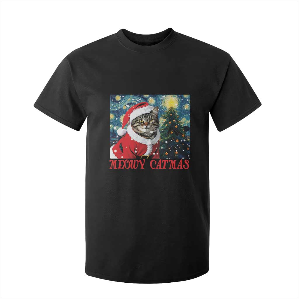 Santa Cat Christmas T Shirt For Kid Meowy Catmas Starry Night Christmas Tree TS09 Black Print Your Wear