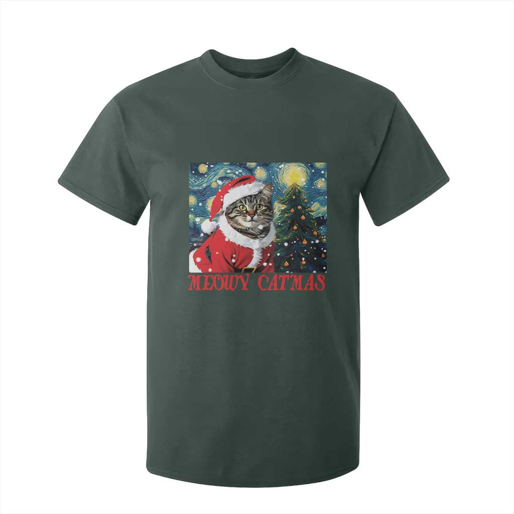 Santa Cat Christmas T Shirt For Kid Meowy Catmas Starry Night Christmas Tree TS09 Dark Forest Green Print Your Wear