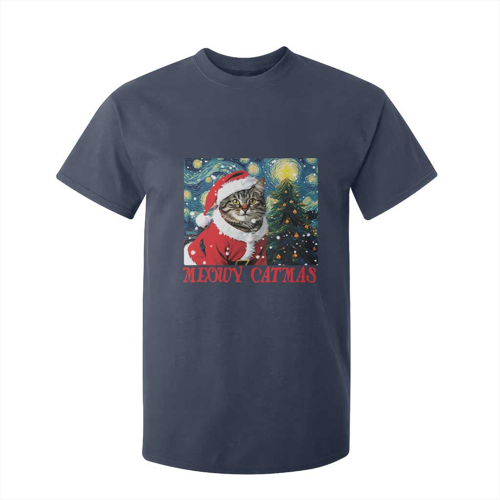 Santa Cat Christmas T Shirt For Kid Meowy Catmas Starry Night Christmas Tree TS09 Navy Print Your Wear
