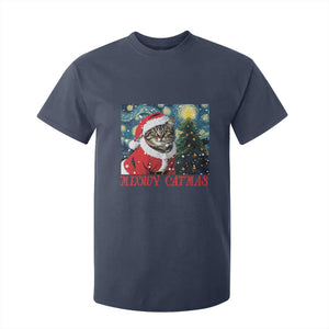 Santa Cat Christmas T Shirt For Kid Meowy Catmas Starry Night Christmas Tree TS09 Navy Print Your Wear