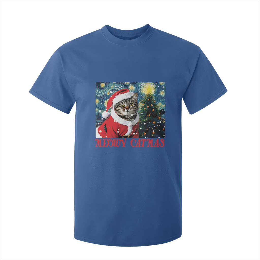 Santa Cat Christmas T Shirt For Kid Meowy Catmas Starry Night Christmas Tree TS09 Royal Blue Print Your Wear