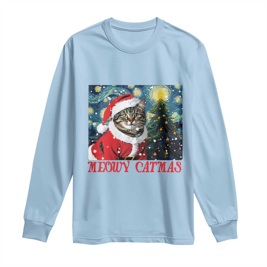 Santa Cat Christmas Long Sleeve Shirt Meowy Catmas Starry Night Christmas Tree TS09 Light Blue Print Your Wear