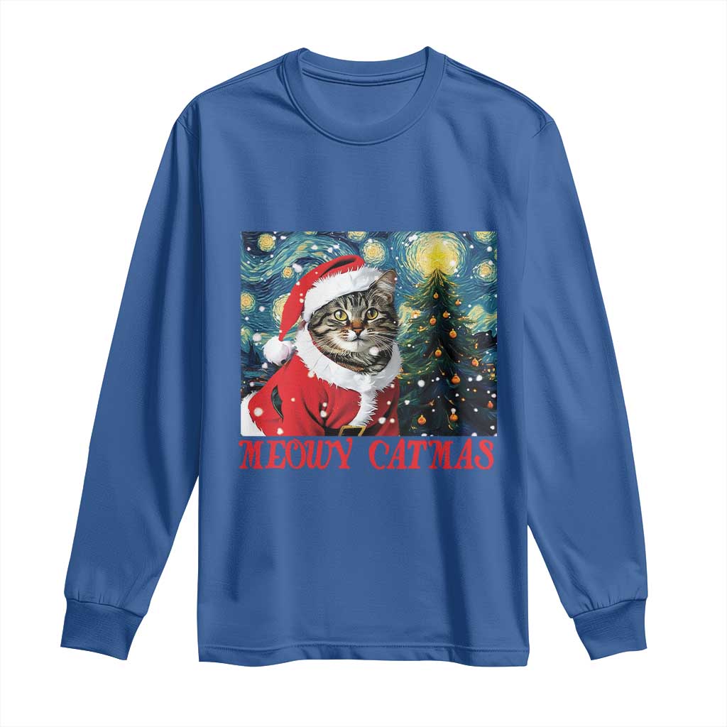 Santa Cat Christmas Long Sleeve Shirt Meowy Catmas Starry Night Christmas Tree TS09 Royal Blue Print Your Wear