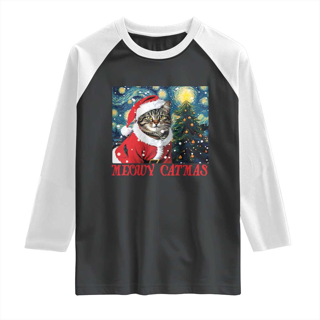 Santa Cat Christmas Raglan Shirt Meowy Catmas Starry Night Christmas Tree TS09 Black White Print Your Wear