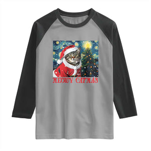 Santa Cat Christmas Raglan Shirt Meowy Catmas Starry Night Christmas Tree TS09 Sport Gray Black Print Your Wear