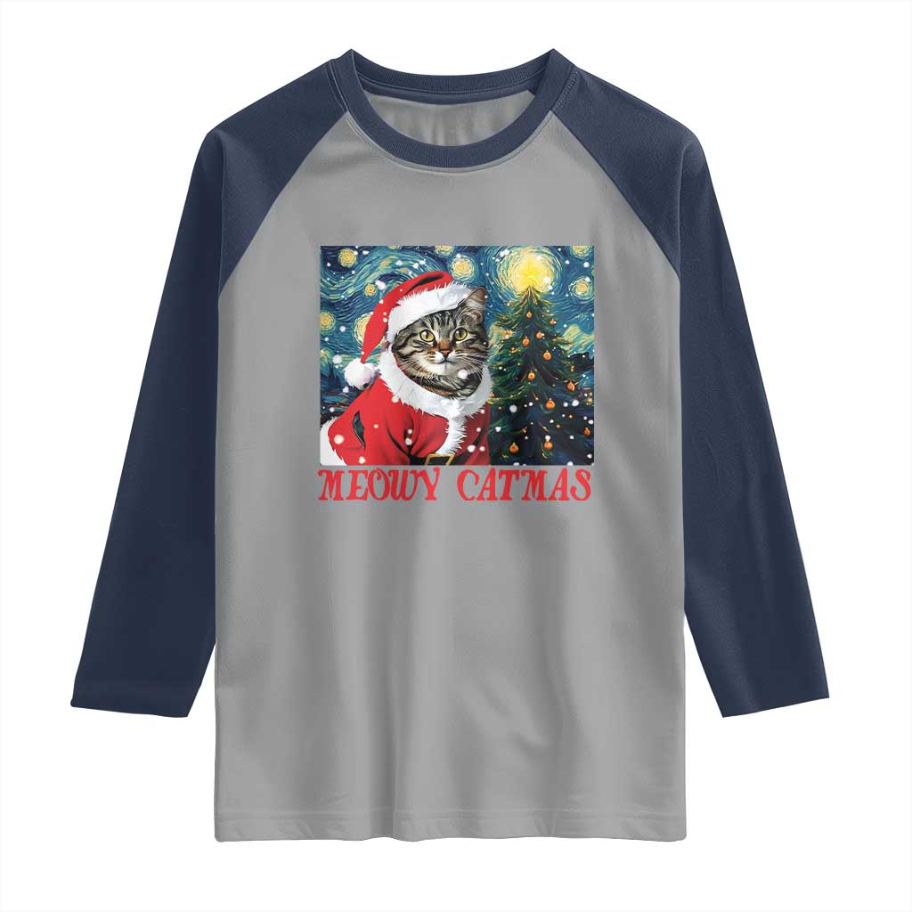 Santa Cat Christmas Raglan Shirt Meowy Catmas Starry Night Christmas Tree TS09 Sport Gray Navy Print Your Wear