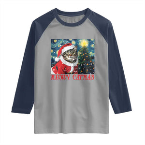 Santa Cat Christmas Raglan Shirt Meowy Catmas Starry Night Christmas Tree TS09 Sport Gray Navy Print Your Wear