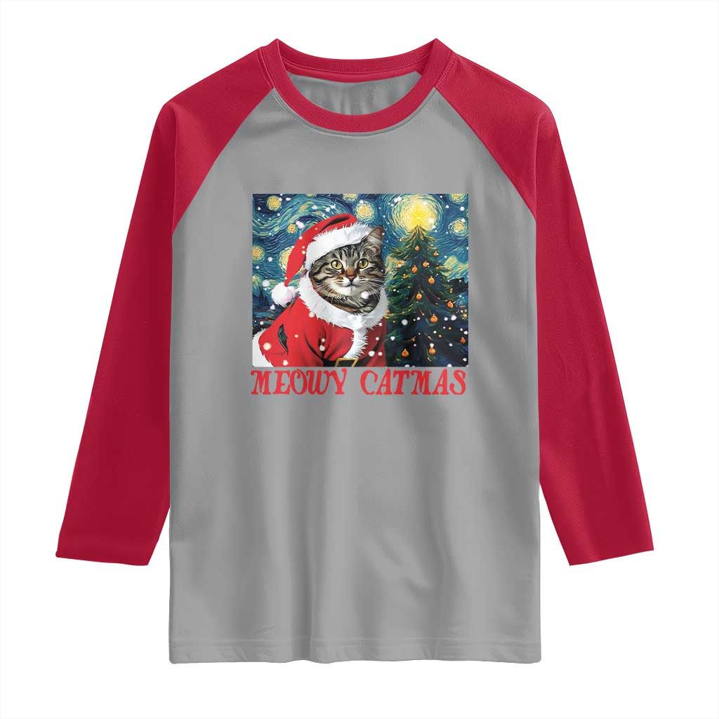 Santa Cat Christmas Raglan Shirt Meowy Catmas Starry Night Christmas Tree TS09 Sport Gray Red Print Your Wear