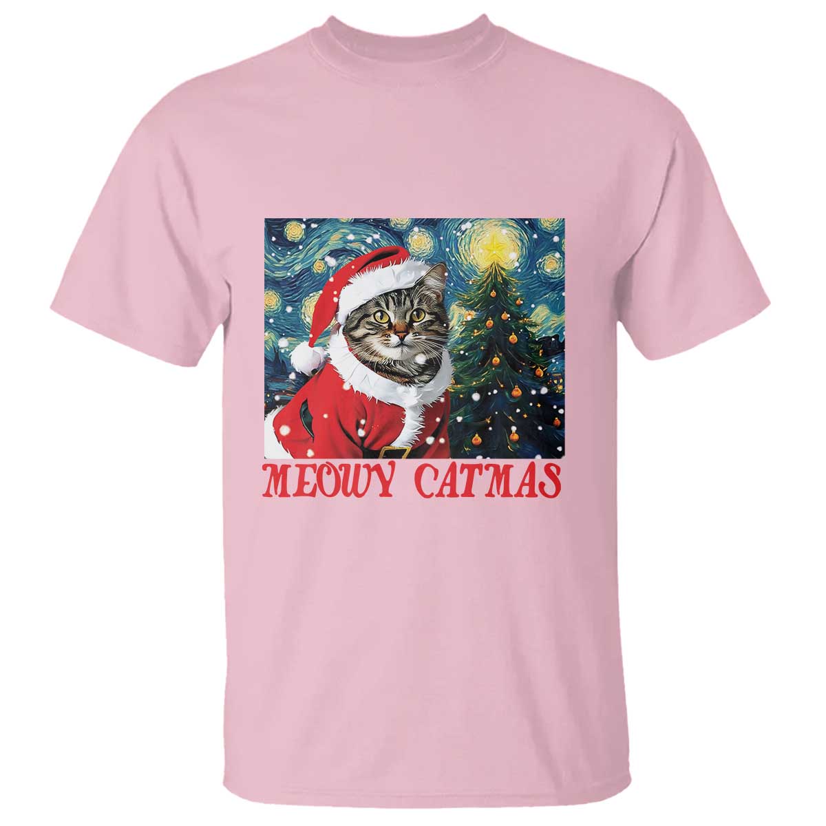 Santa Cat Christmas T Shirt Meowy Catmas Starry Night Christmas Tree TS09 Light Pink Print Your Wear
