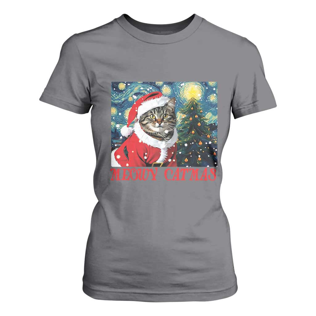Santa Cat Christmas T Shirt For Women Meowy Catmas Starry Night Christmas Tree TS09 Charcoal Print Your Wear