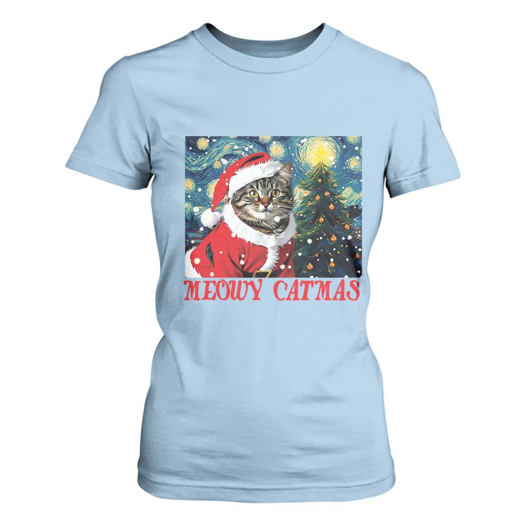 Santa Cat Christmas T Shirt For Women Meowy Catmas Starry Night Christmas Tree TS09 Light Blue Print Your Wear