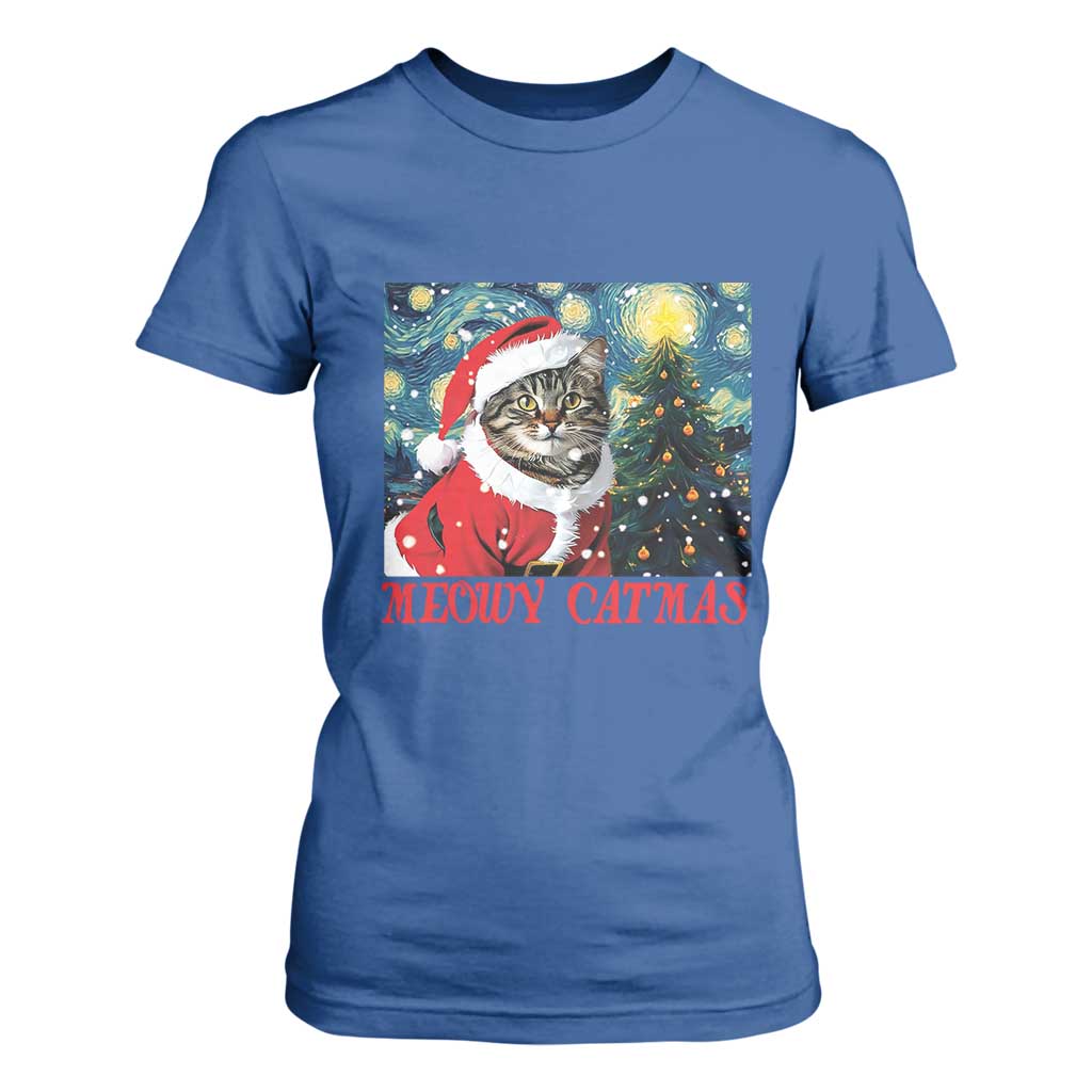Santa Cat Christmas T Shirt For Women Meowy Catmas Starry Night Christmas Tree TS09 Royal Blue Print Your Wear