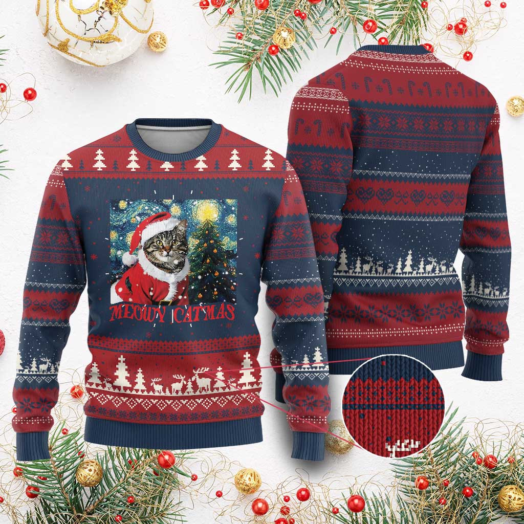 Santa Cat Xmas Ugly Christmas Sweater Meowy Catmas Starry Night Christmas Tree TS09 Burgundy Print Your Wear
