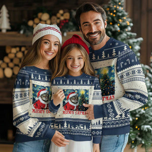 Santa Cat Xmas Ugly Christmas Sweater Meowy Catmas Starry Night Christmas Tree TS09 Navy Print Your Wear