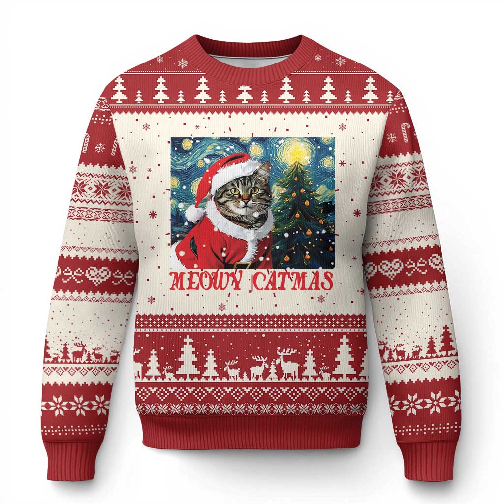 Santa Cat Xmas Ugly Christmas Sweater Meowy Catmas Starry Night Christmas Tree TS09 Red Print Your Wear