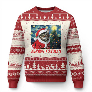 Santa Cat Xmas Ugly Christmas Sweater Meowy Catmas Starry Night Christmas Tree TS09 Red Print Your Wear