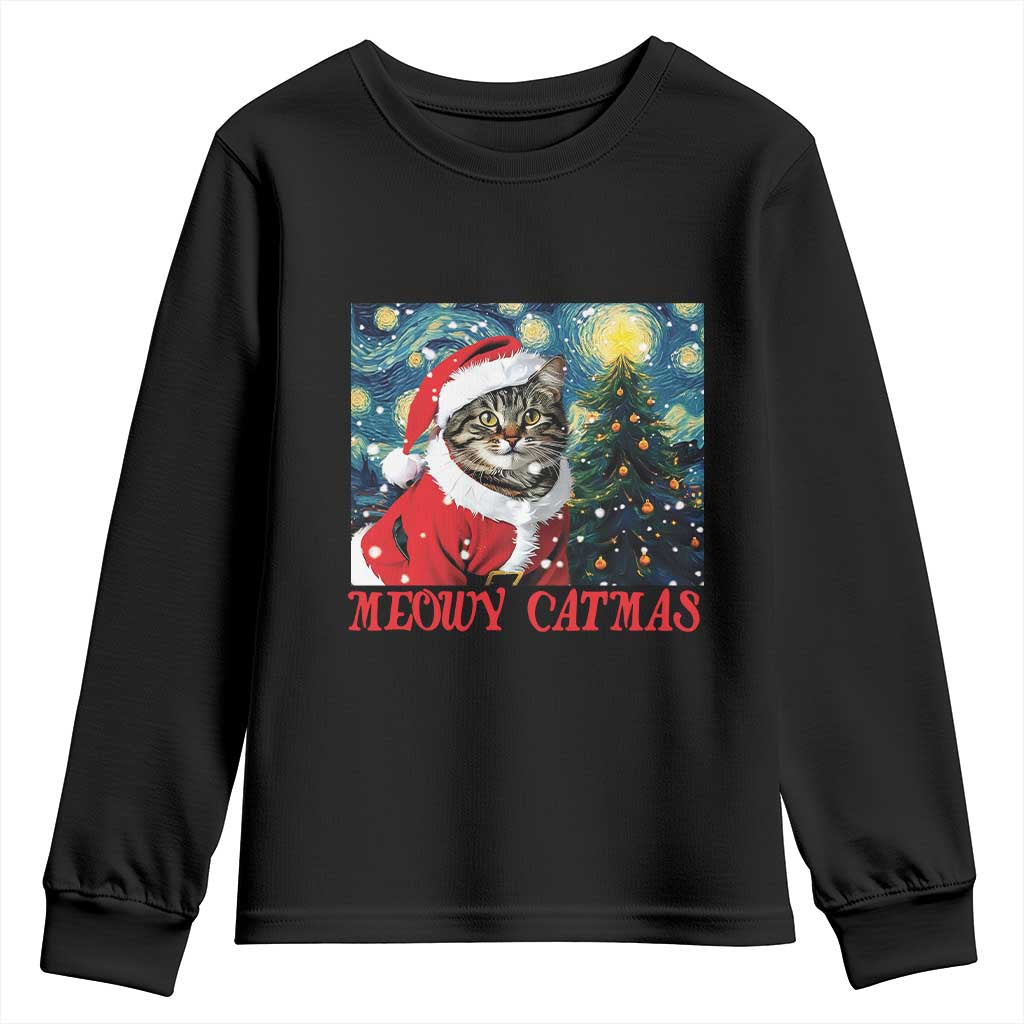 Santa Cat Christmas Youth Sweatshirt Meowy Catmas Starry Night Christmas Tree TS09 Black Print Your Wear