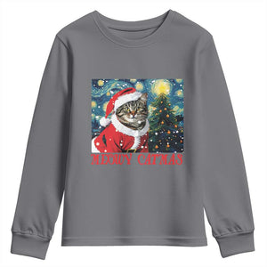 Santa Cat Christmas Youth Sweatshirt Meowy Catmas Starry Night Christmas Tree TS09 Charcoal Print Your Wear