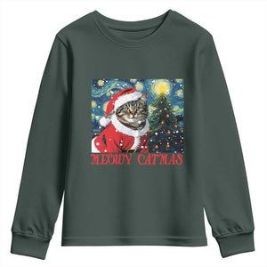 Santa Cat Christmas Youth Sweatshirt Meowy Catmas Starry Night Christmas Tree TS09 Dark Forest Green Print Your Wear