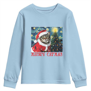 Santa Cat Christmas Youth Sweatshirt Meowy Catmas Starry Night Christmas Tree TS09 Light Blue Print Your Wear