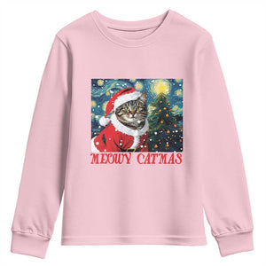 Santa Cat Christmas Youth Sweatshirt Meowy Catmas Starry Night Christmas Tree TS09 Light Pink Print Your Wear