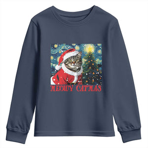 Santa Cat Christmas Youth Sweatshirt Meowy Catmas Starry Night Christmas Tree TS09 Navy Print Your Wear