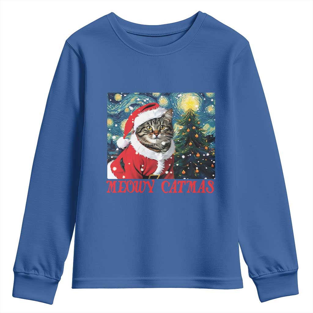 Santa Cat Christmas Youth Sweatshirt Meowy Catmas Starry Night Christmas Tree TS09 Royal Blue Print Your Wear
