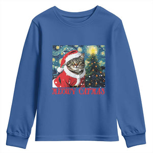 Santa Cat Christmas Youth Sweatshirt Meowy Catmas Starry Night Christmas Tree TS09 Royal Blue Print Your Wear