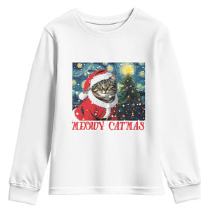 Santa Cat Christmas Youth Sweatshirt Meowy Catmas Starry Night Christmas Tree TS09 White Print Your Wear