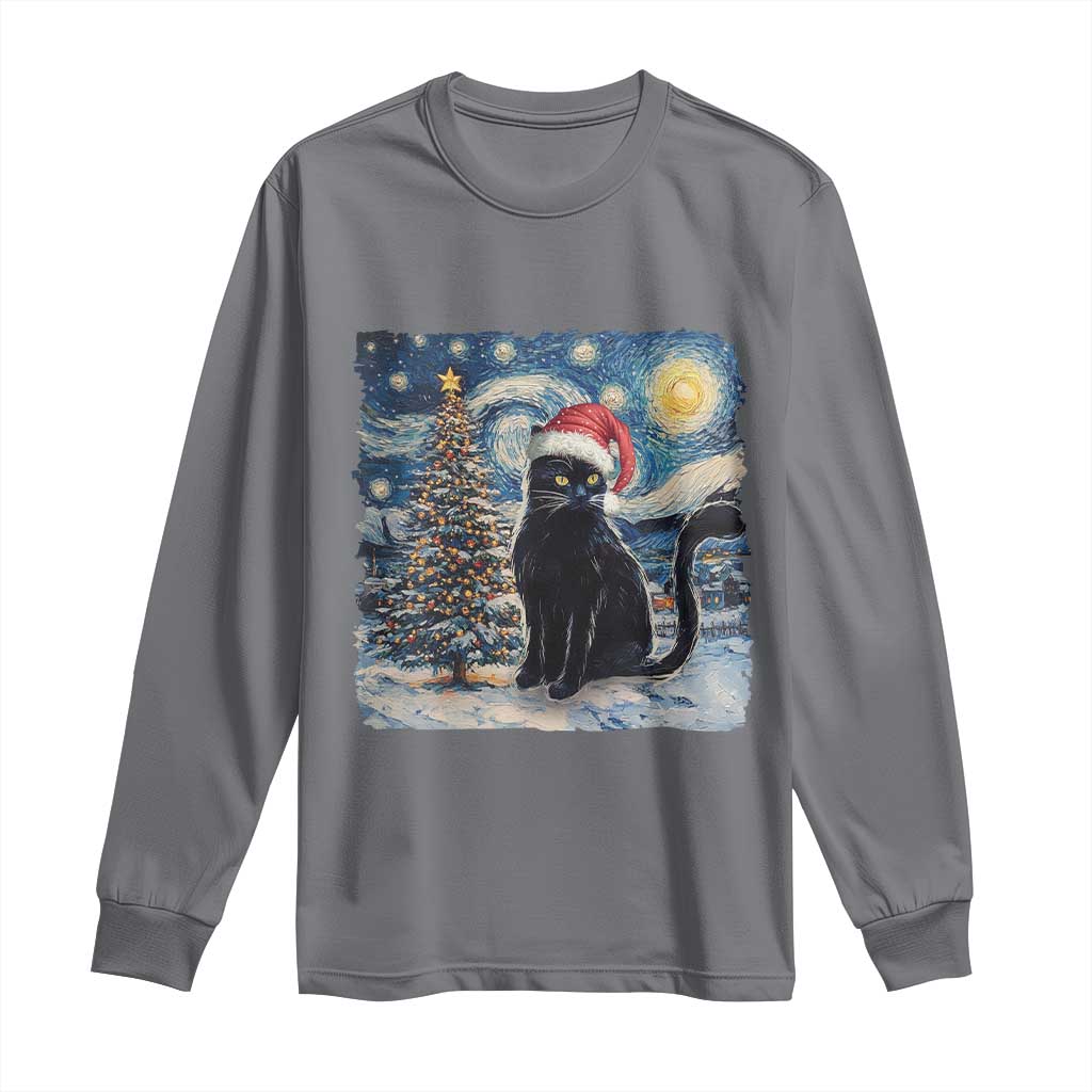 Christmas Black Cat Long Sleeve Shirt Meowy Catmas Starry Night Santa Cat TS09 Charcoal Print Your Wear