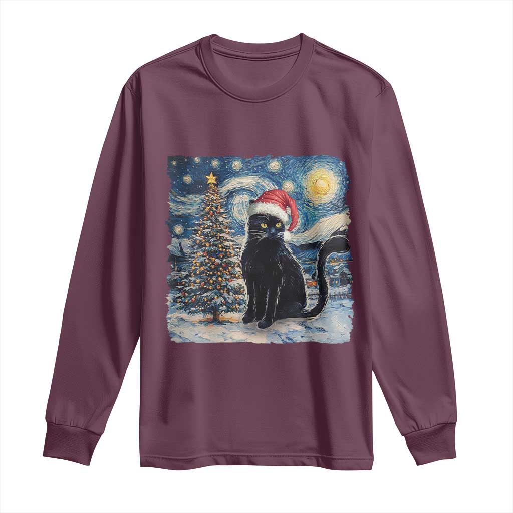 Christmas Black Cat Long Sleeve Shirt Meowy Catmas Starry Night Santa Cat TS09 Maroon Print Your Wear