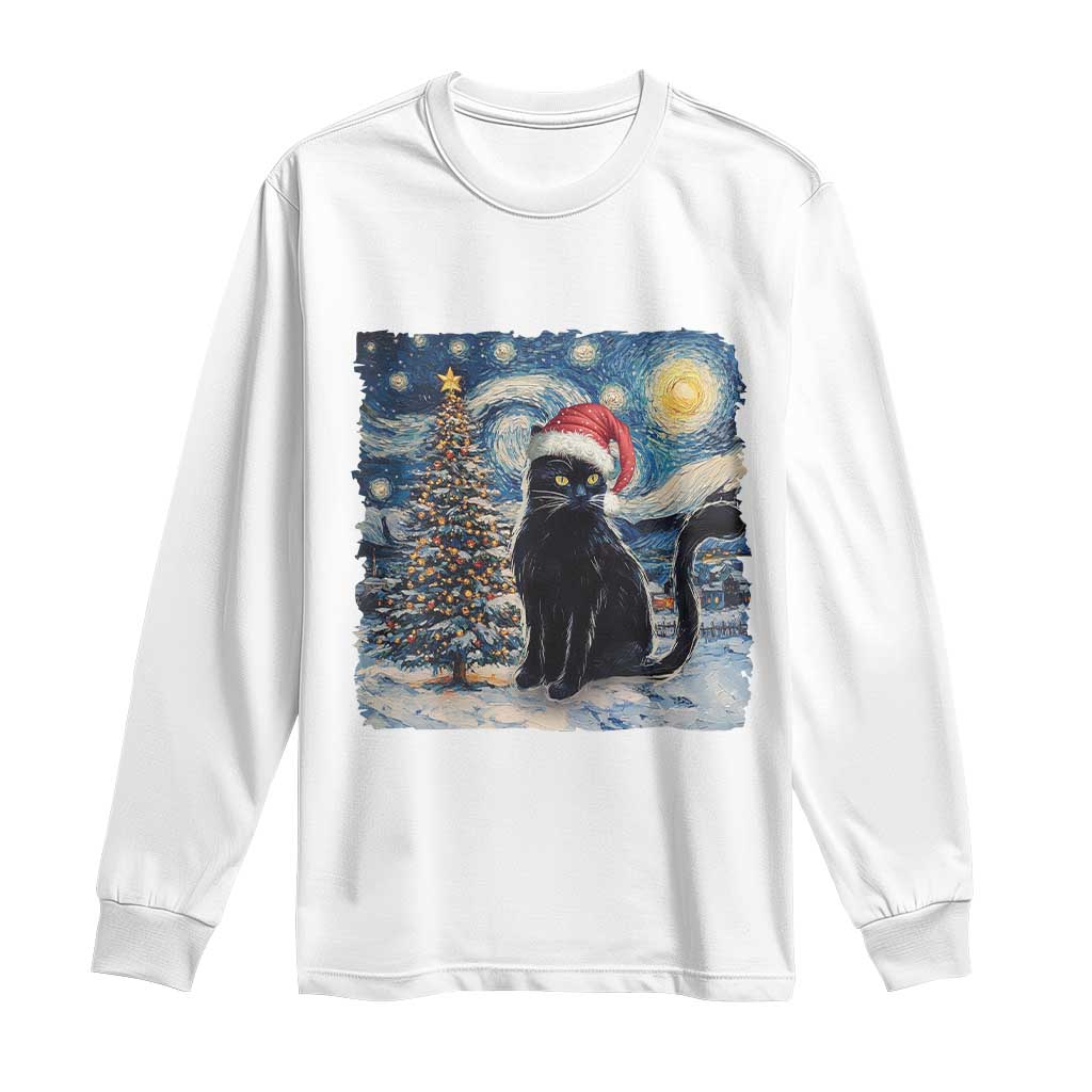 Christmas Black Cat Long Sleeve Shirt Meowy Catmas Starry Night Santa Cat TS09 White Print Your Wear