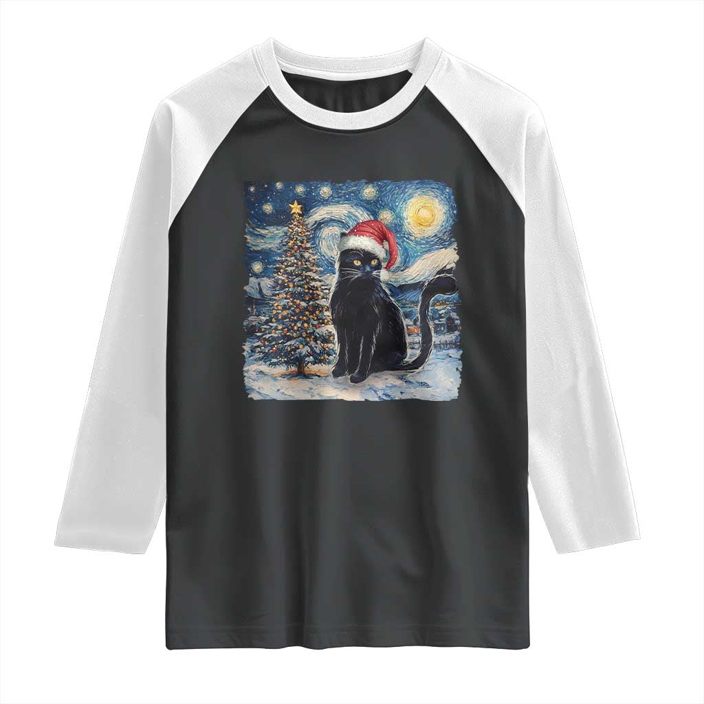 Christmas Black Cat Raglan Shirt Meowy Catmas Starry Night Santa Cat TS09 Black White Print Your Wear