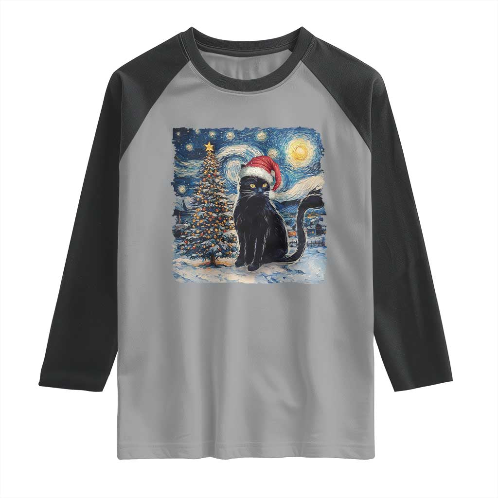 Christmas Black Cat Raglan Shirt Meowy Catmas Starry Night Santa Cat TS09 Sport Gray Black Print Your Wear